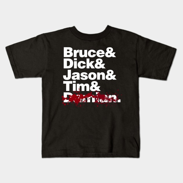 Bruce and the Boy Wonders (RIP VERSION) Kids T-Shirt by Megatrip
